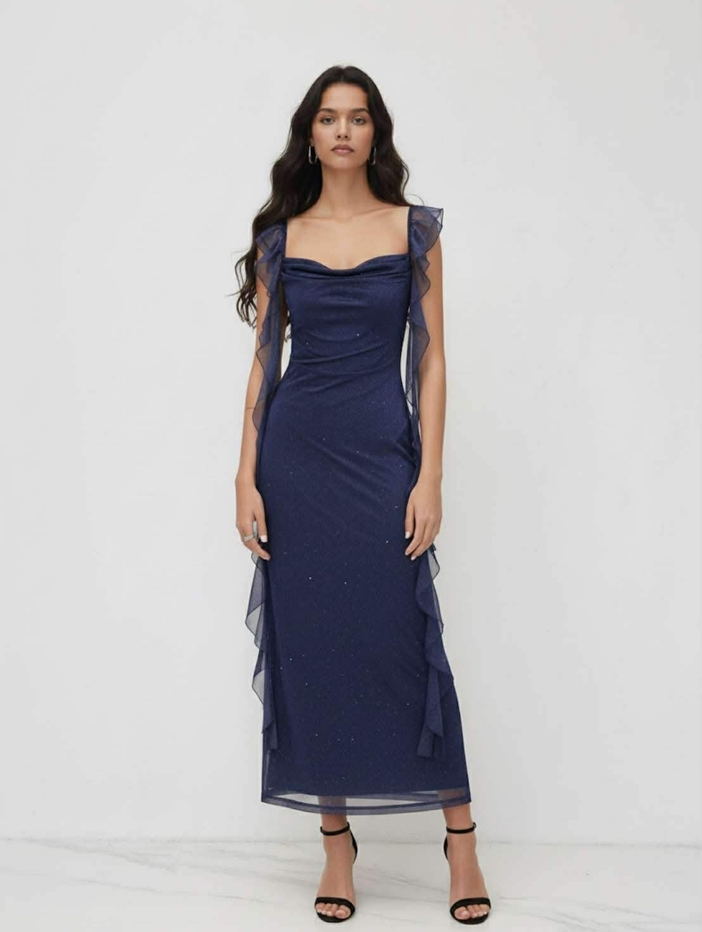 Cider Elegant Navy Ruffle Strap Evening Dress New Size L